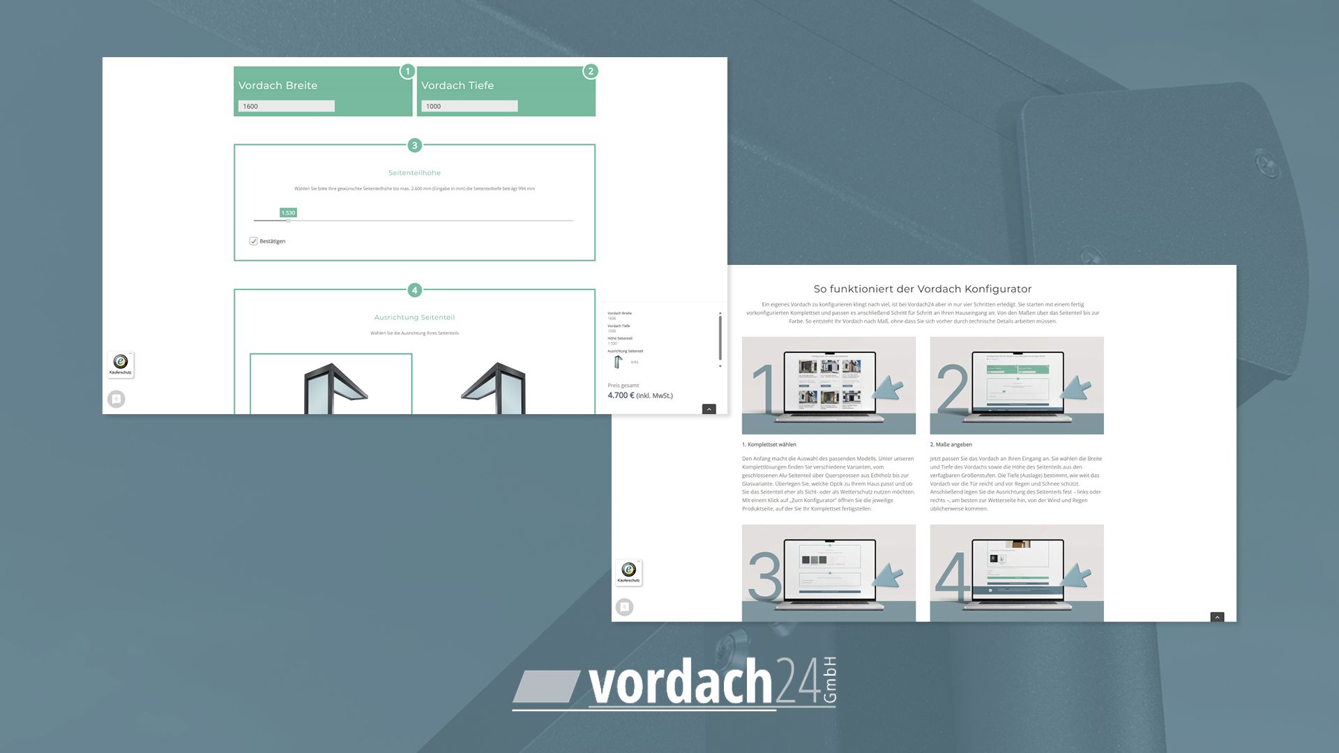 Referenzbild-Onlineshop-Vordach24-Konfigurator Vordach Konfigurator mit Größenauswahl, Ausstattung und laufendem Gesamtpreis