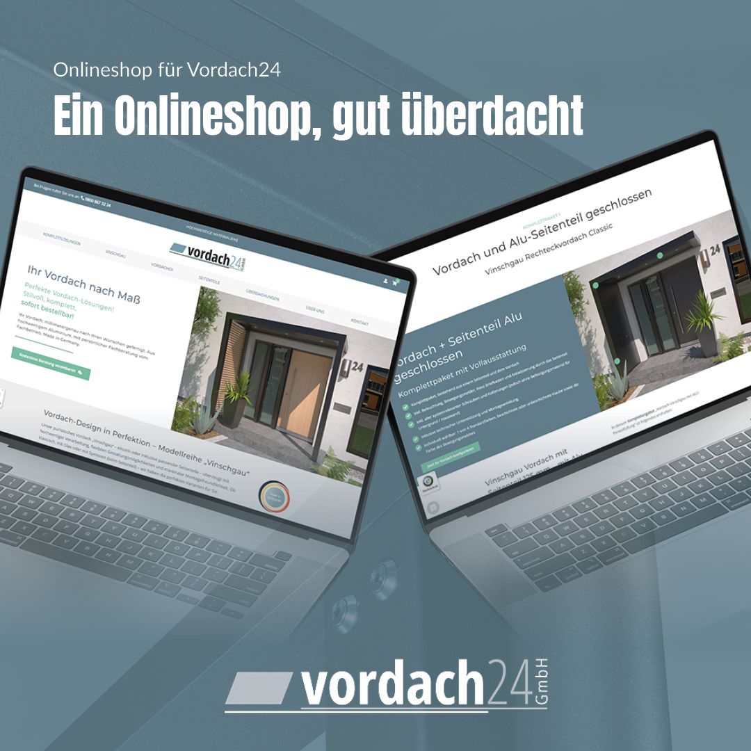 Startseite des Onlineshops von Vordach24 mit Vordächern nach Maß
